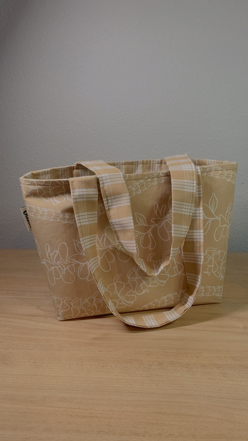 White Lei on Tan Reversible Tote Bag