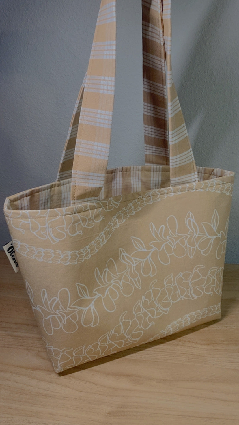 White Lei on Tan Reversible Tote Bag