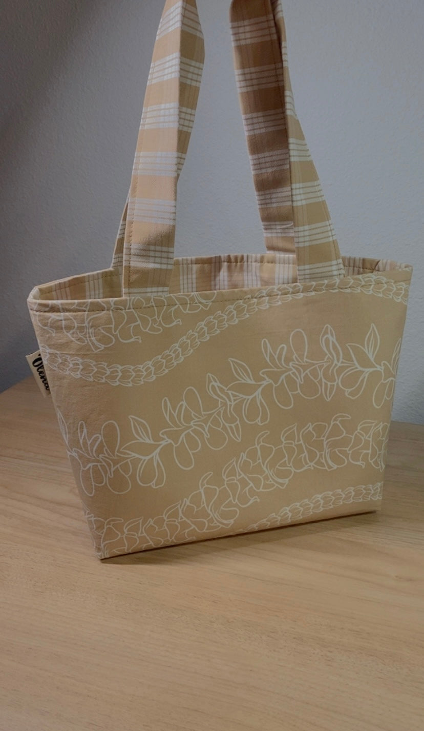 White Lei on Tan Reversible Tote Bag
