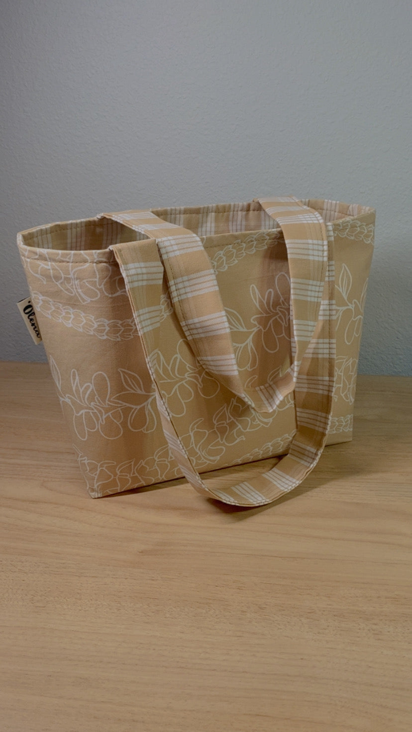 White Lei on Tan Reversible Tote Bag